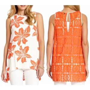 Karen Kane Women’s Orange floral tunic tank w semi sheer embroidered back, S